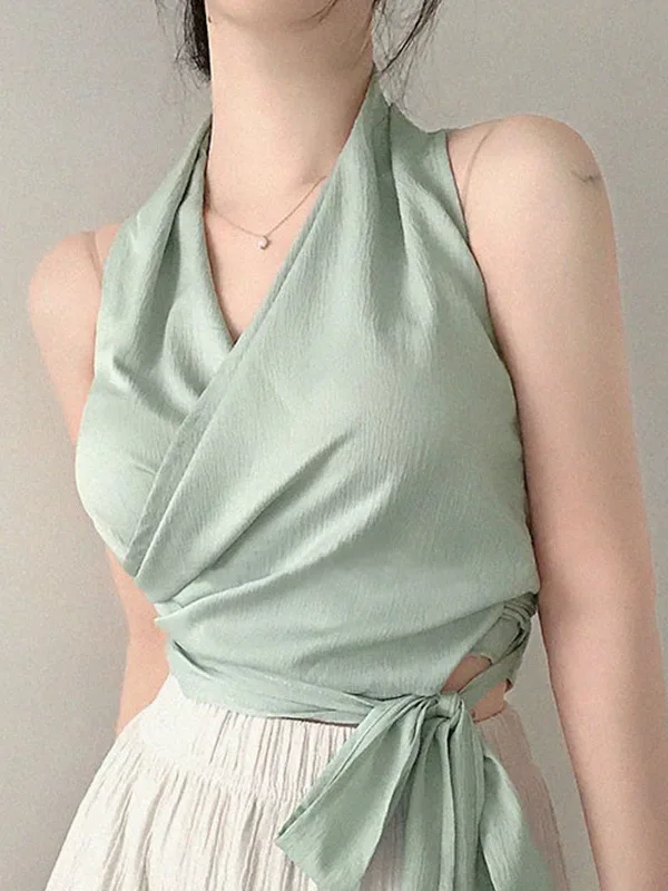 Women Blouses Slim Fit V-neck Lace Up Open Stitch Versatile Sleeveless Top For Female Chiffon Tops Summer Fashion PPAY