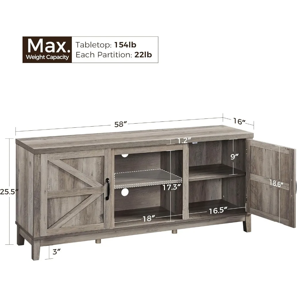 حامل تلفزيون مقاس 65 بوصة على طراز المزرعة، مركز ترفيه لغرفة المعيشة مع طاولة وحدة تحكم بباب الحظيرة المزدوج