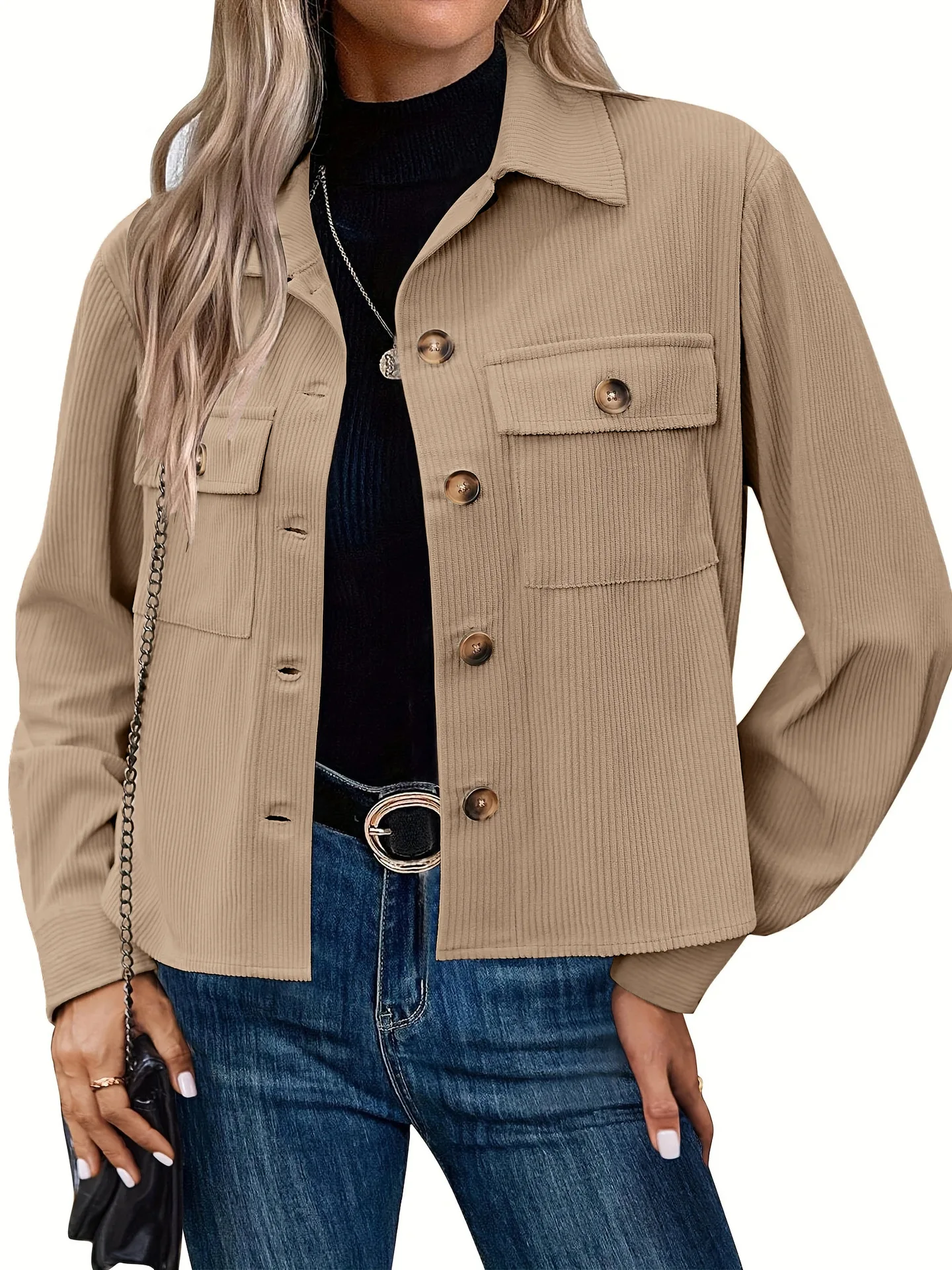 2025 Women's Shirt Jacket Fashion Casual Corduroy Button Cardigan Pocket Coat Corduroy Solid Color Simple Outerwear