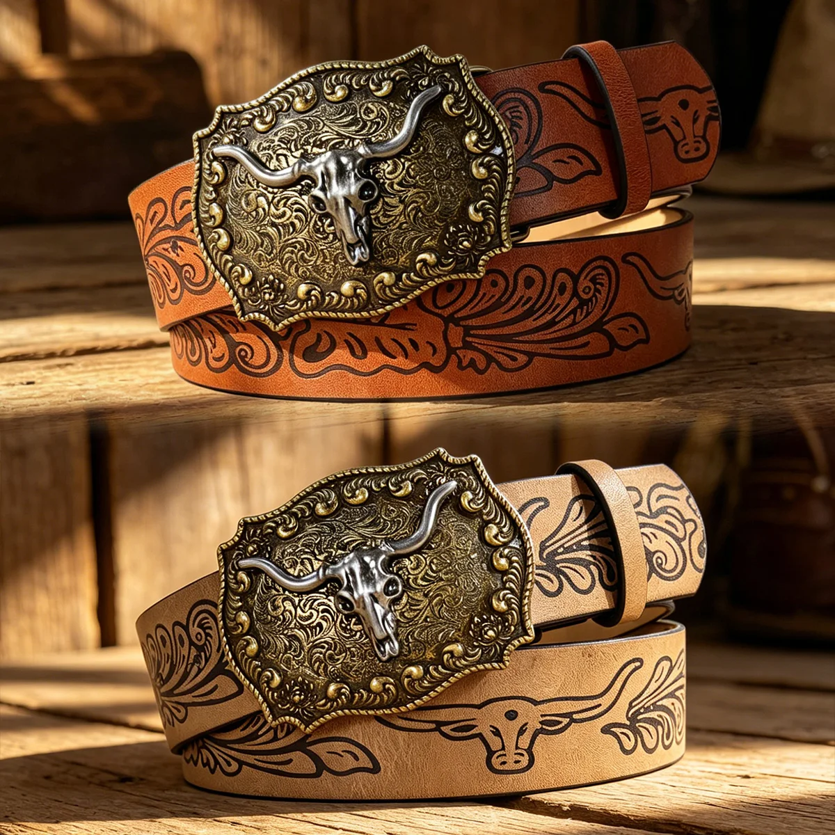 Vintage Western Cowboy Cowgirl Stil Plus Size Gürtel für Herren und Damen mit Bullenschnalle und Bullen-Flora-Print, großer Jeansgürtel für Männer