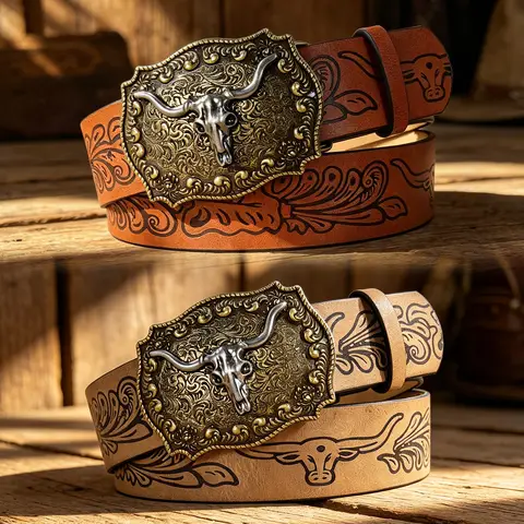 Vintage Western cowboy Cowgirl Style Plus Size Belt For Men Women Bull buckle Bull Flora printed belt Big Jeans Waistband Male