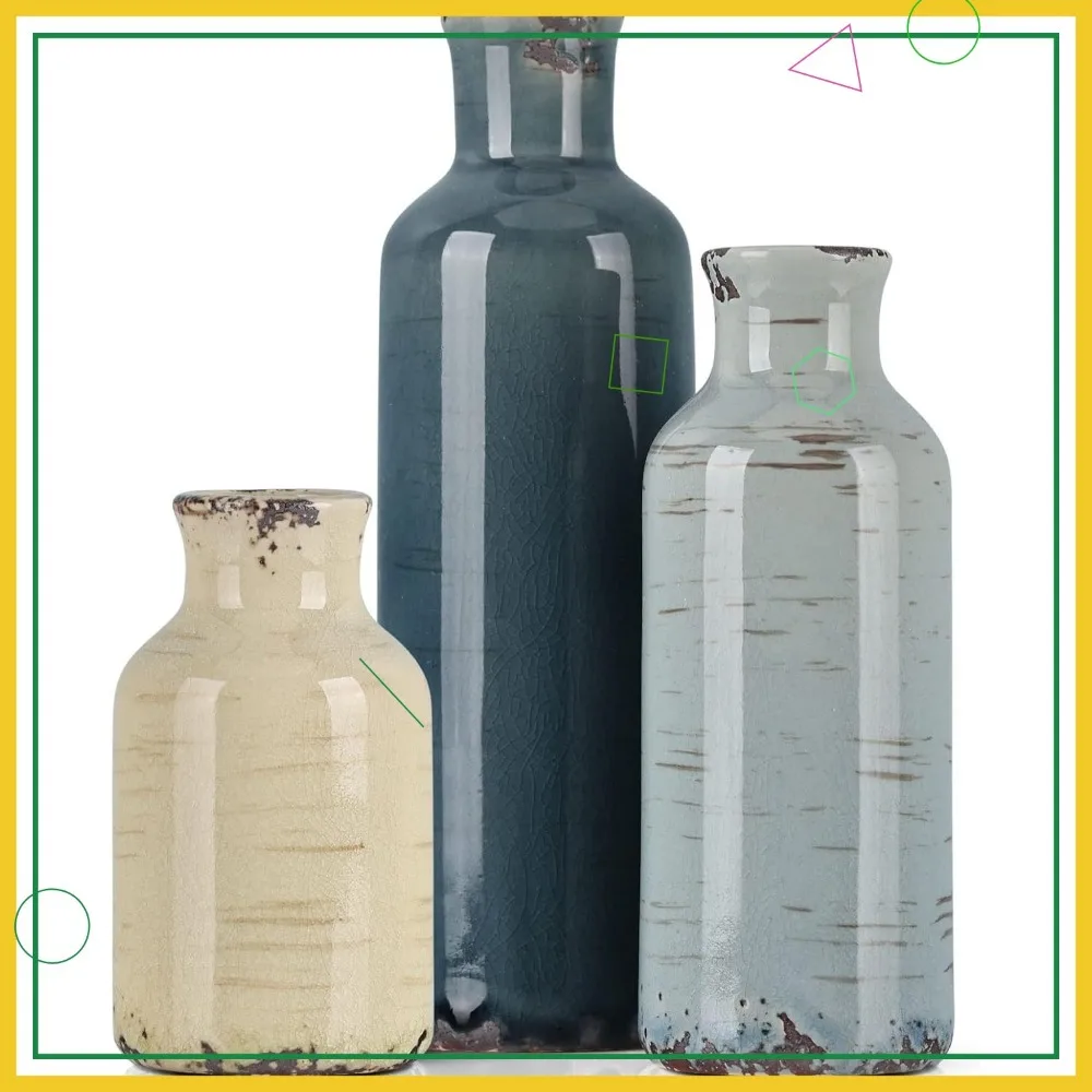 3-Piece Multicolor Ceramic Vase Set - Coastal Farmhouse Decor for Living Room, Dining Table, Shelf Display
