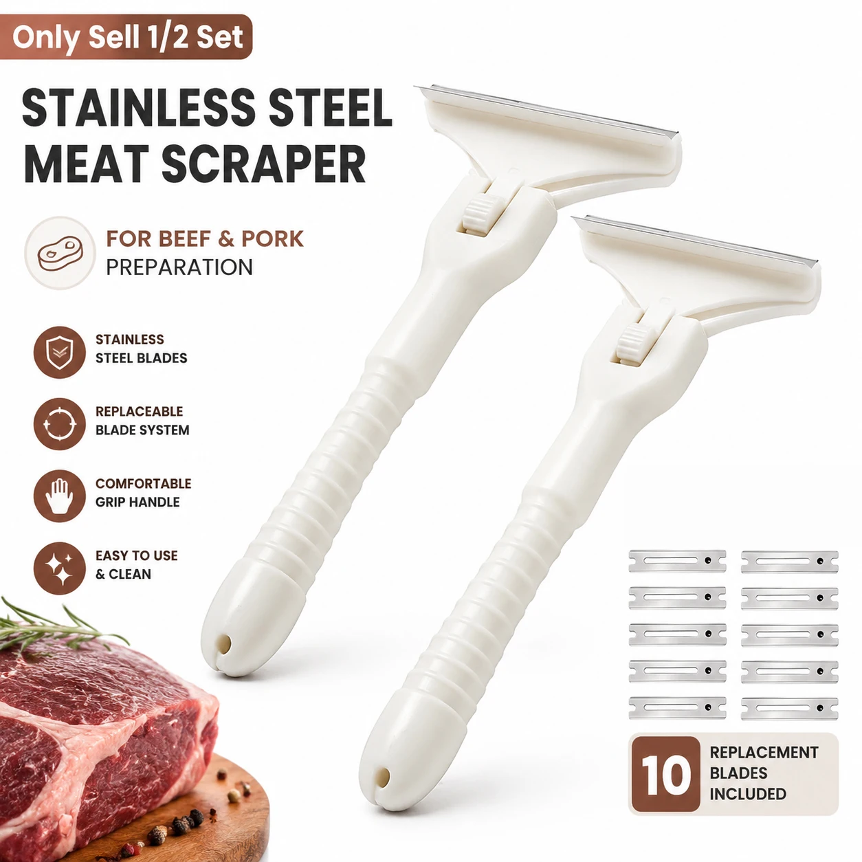 1/2 Set Stainless Steel Meat Scraper With 10 Blades, T-Shaped Handheld Fat Trimmer Tool, Meat Preparation Accessory