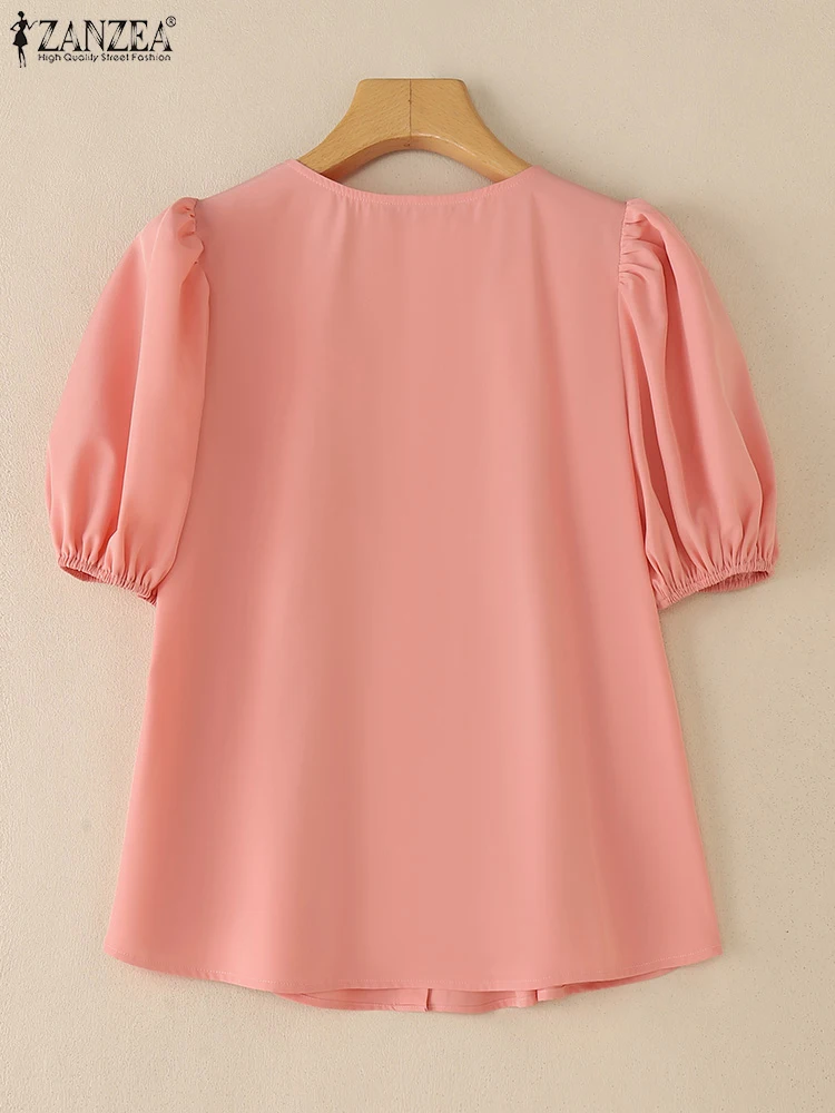 ZANZEA Camicie da donna Top estivi a pieghe Vintage Manica corta in chiffon Blusas Tuniche tinta unita 2025 Casual O Collo Pullover S-3XL