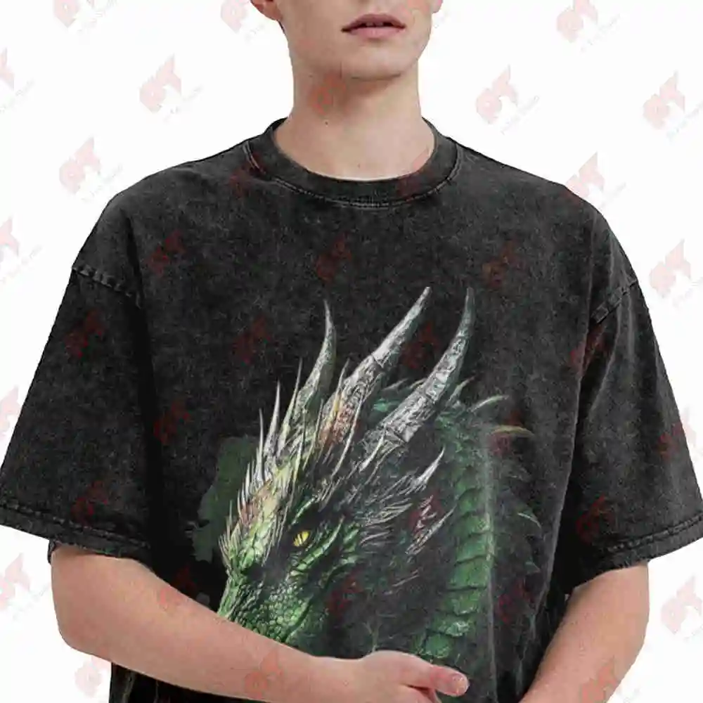 Green Dragon Mythical Scale Vintage Washed Tee Pure Cotton T-Shirt