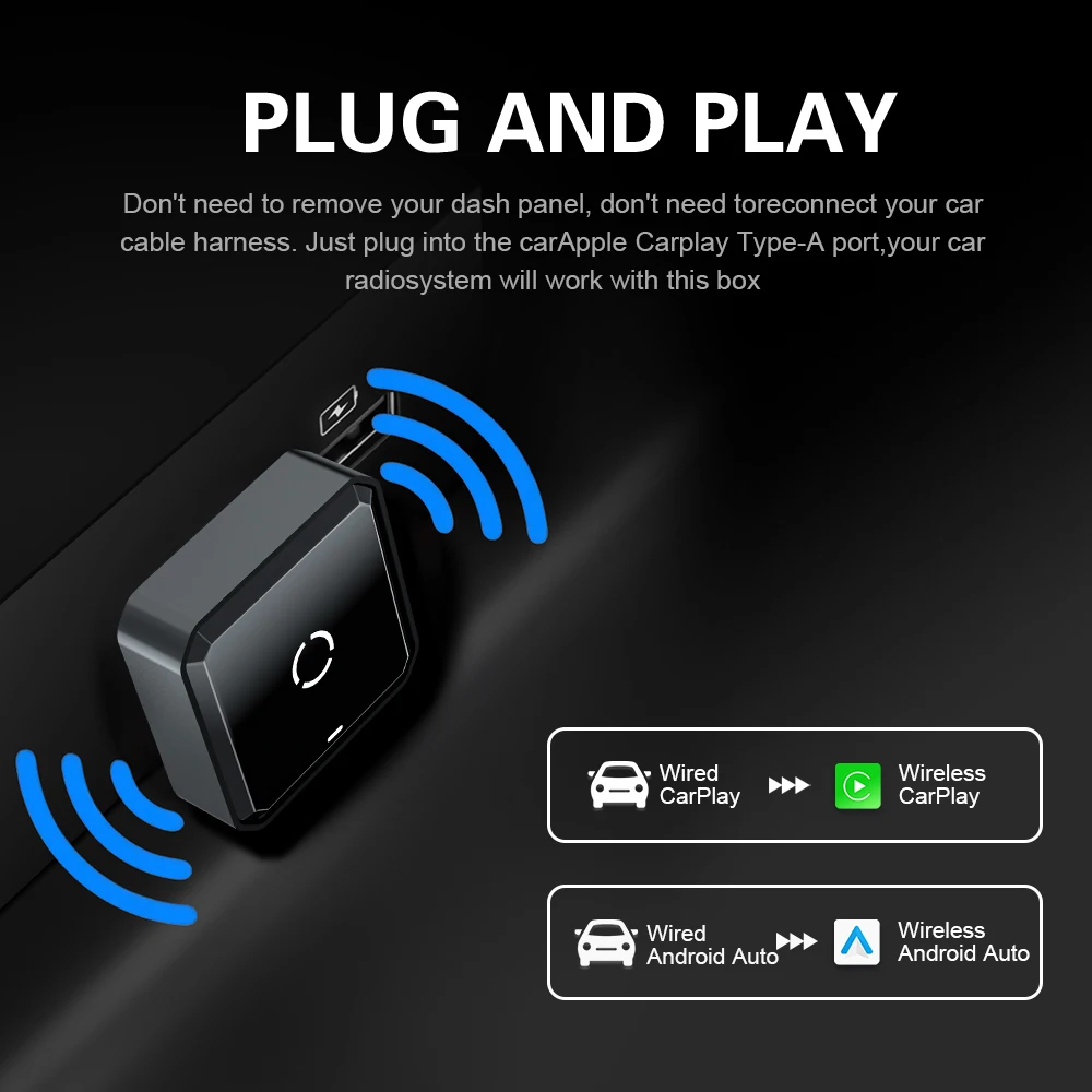 BYLITU Mini T4: محول CarPlay/Android التلقائي اللاسلكي العالمي |   التوصيل والتشغيل |   أنيق مدمج، متوافق مع أنظمة OEM