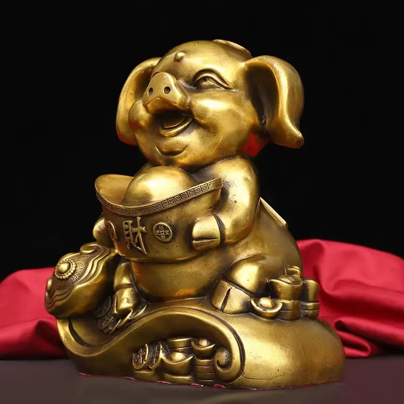 9 Inch Brass Home Feng Shui Statue Auspicious Animal Yuan Bao RUYI Wealth Pig