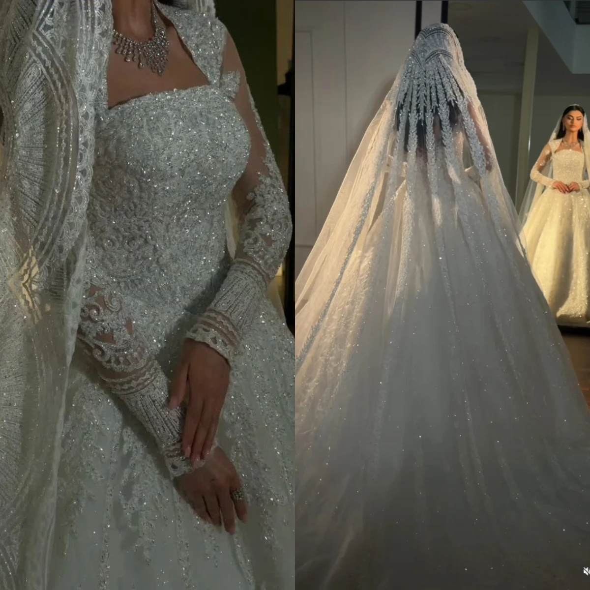 2026 Square Neck Illusion Long Sleeve Ball Gown Muslim Wedding Dress Glitter Lace Corset Bridal Gown Vestido De Novia Customized