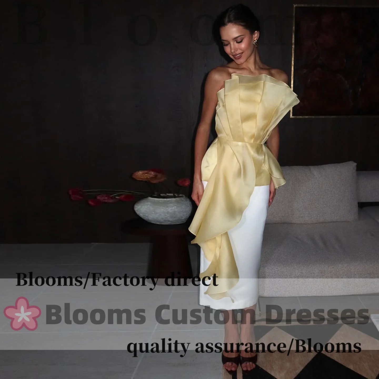

Customized Yellow Ruched White Prom Dress Sleeveless Midi Elegant Evening Dress Simple Formal Party Gown