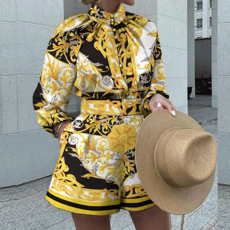 Vintage Long Sleeve Shirt And Shorts With Pocket 2 Pieces Sets Elegant Office Lady Autumn Print Blouse Shorts Two Pieces Suits