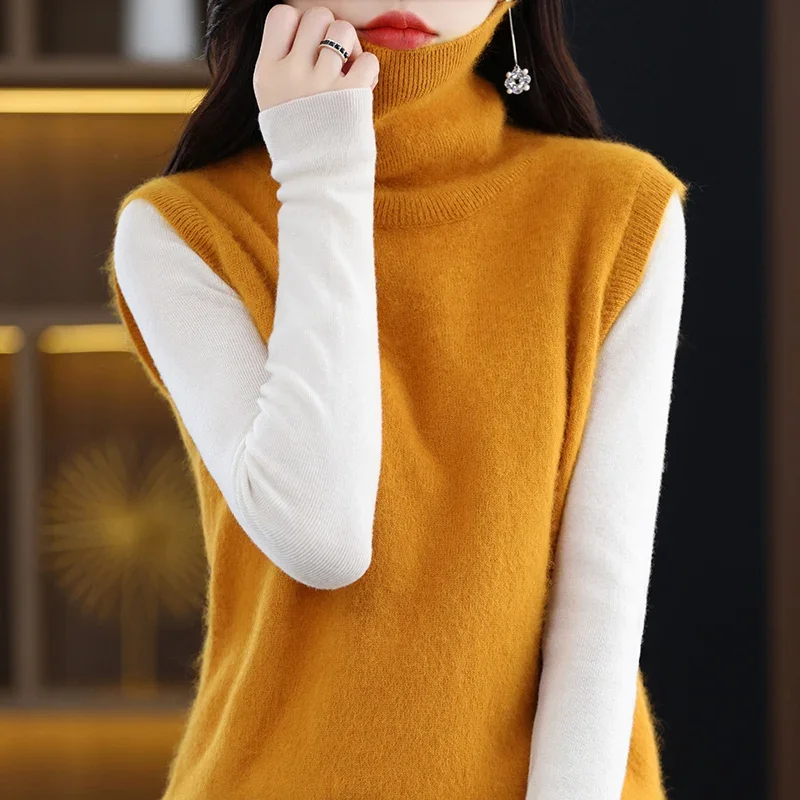 

RONGNI 2023 Autumn Winter New Women's Clothing 100% Mink Cashmere High Neck Vest Knit Pullover Jumper Sleeveless Sweater B-064