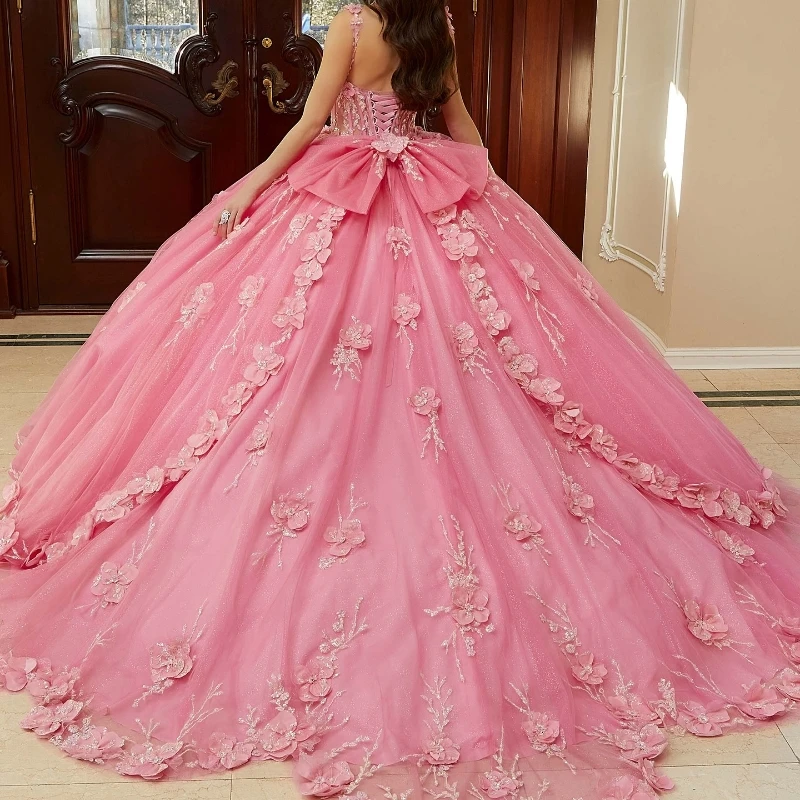 Vestido De quinceañera rosa brillante De lujo, cuentas De lentejuelas, lazo De flores, Vestido De baile De barrido, 16 trenes, fiesta De cumpleaños, 15 años, 2024