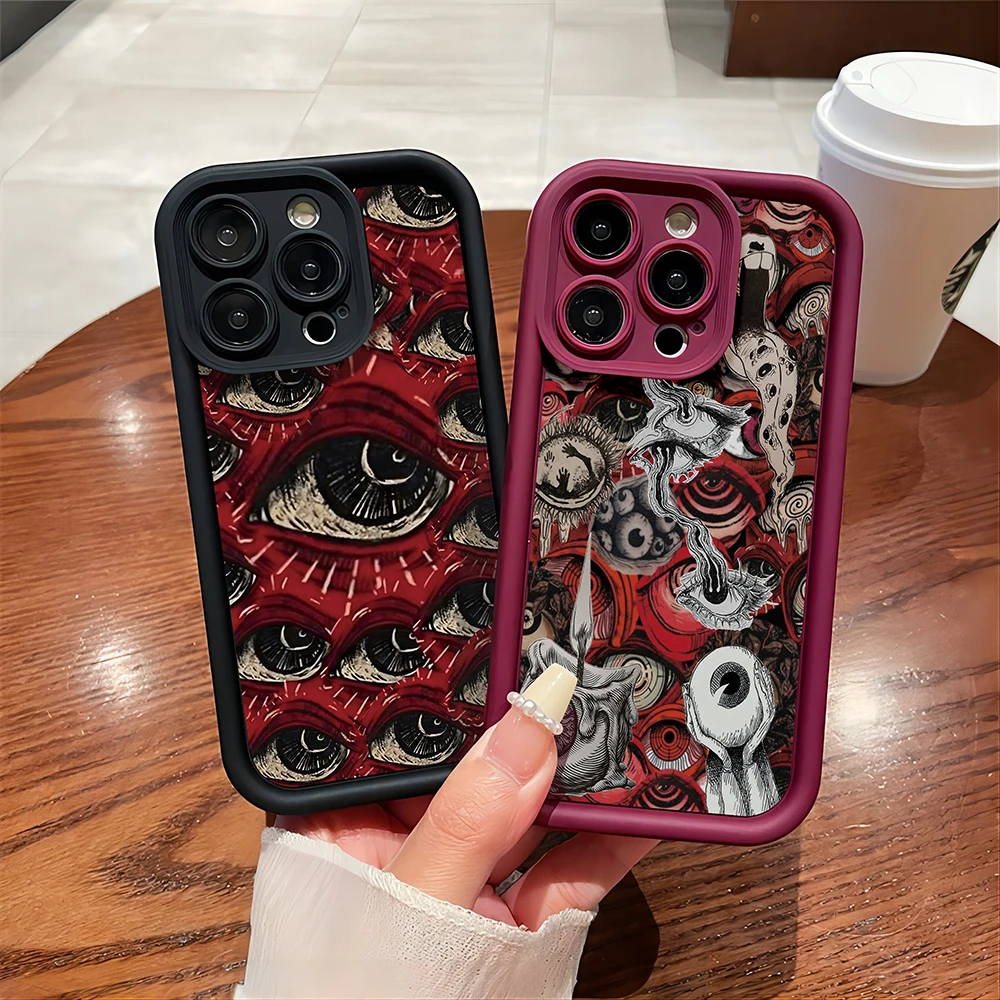 Fashion Spooky Scary Red Eye Silicone Phone Case for IPhone 15 14 13 12 11 Pro Max Mini XR XS X 7 8 Plus With Hand Strap Funda