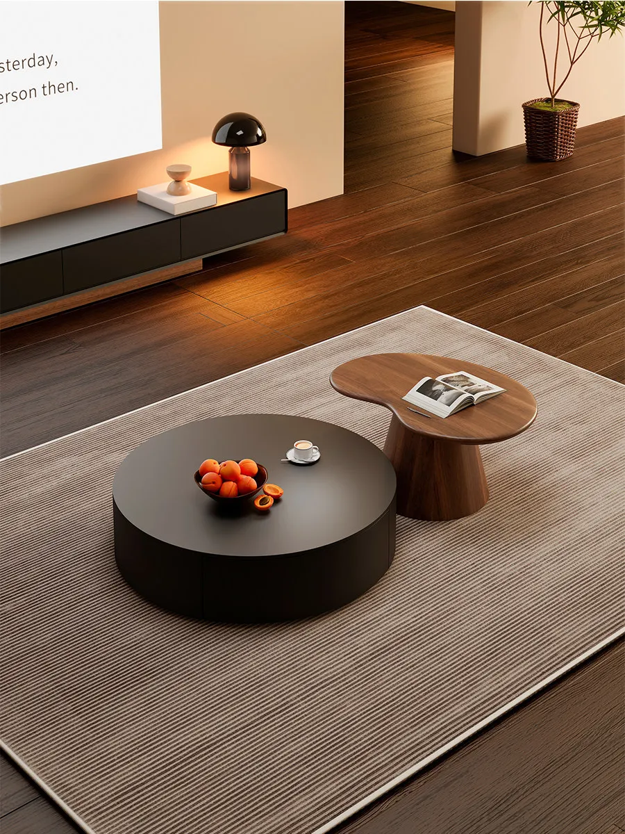 

Modern simple pure solid wood round black coffee table side few combination small apartment home Internet celebrity ins style