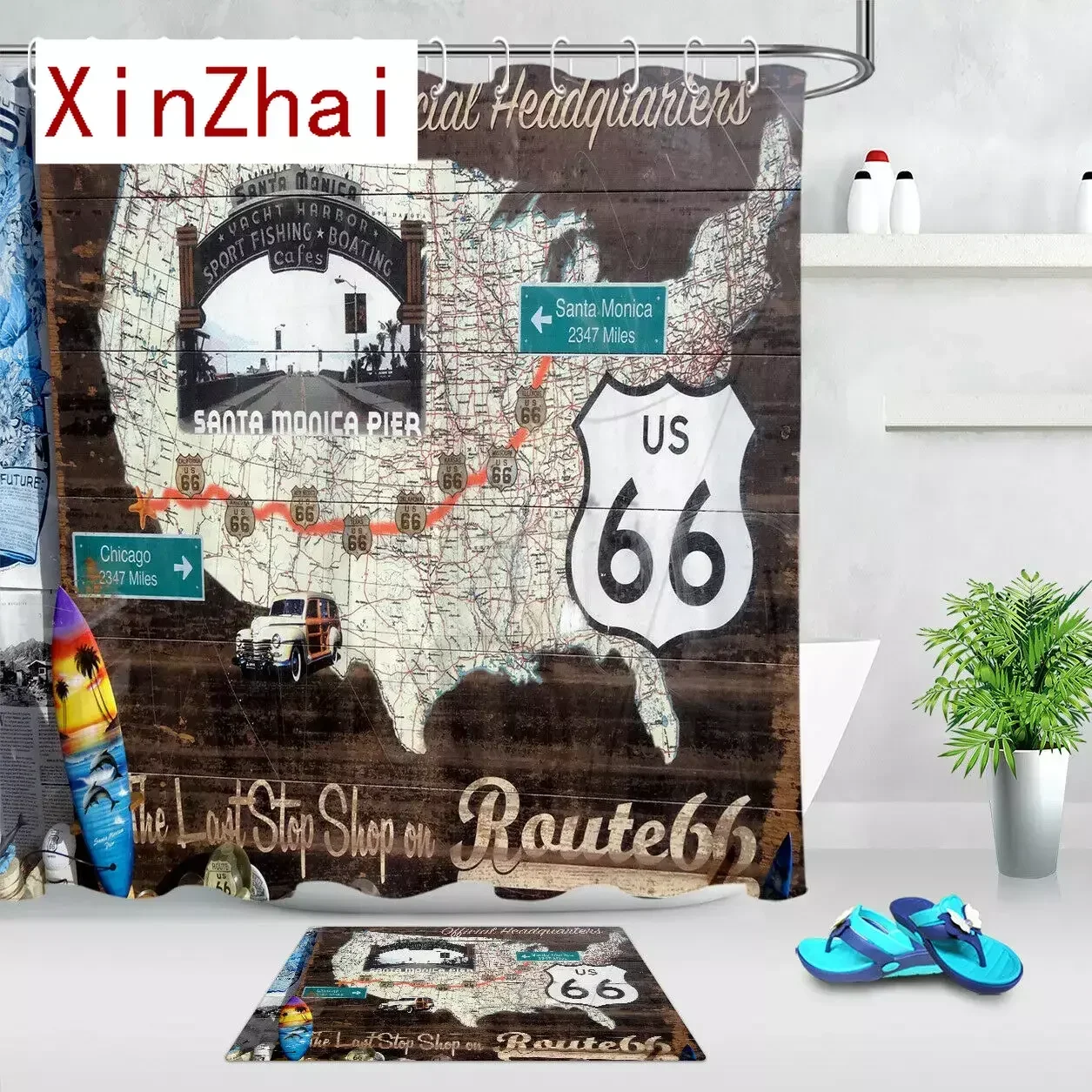 Route US 66 Map Car Wooden Board Background Fabric Shower Curtain Set