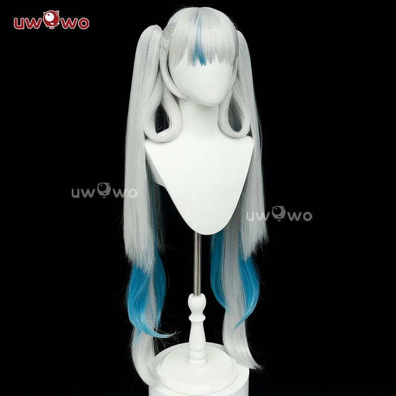 

CyUWOWO Jinhsi Wig Game Wuthering Waves WuwWa Jinhsi Cosplay Wig With Tonytail Long Hair Gray and Blue Hair