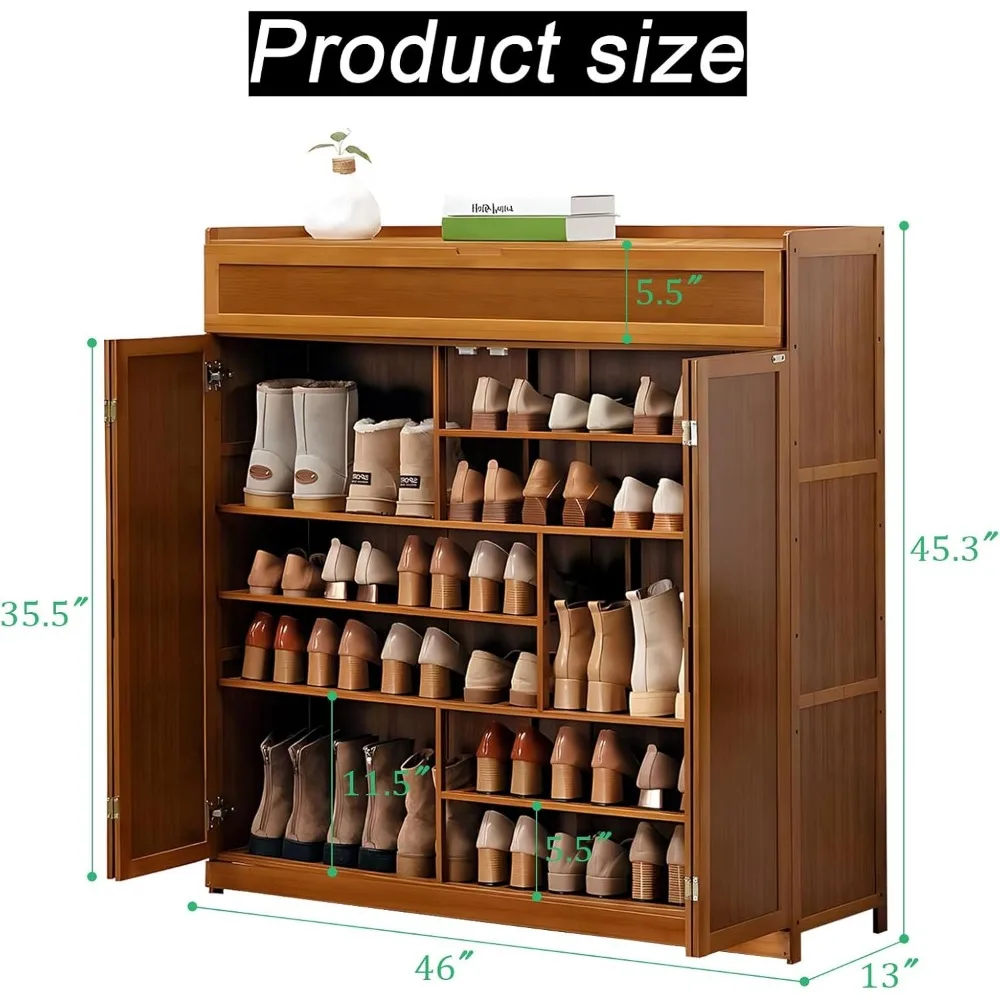 خزانة أحذية كبيرة من الخيزران مكونة من 8 طبقات مع أبواب تتسع لـ 36-40 زوجًا، مثالية لتخزين المدخل وغرفة المعيشة #2