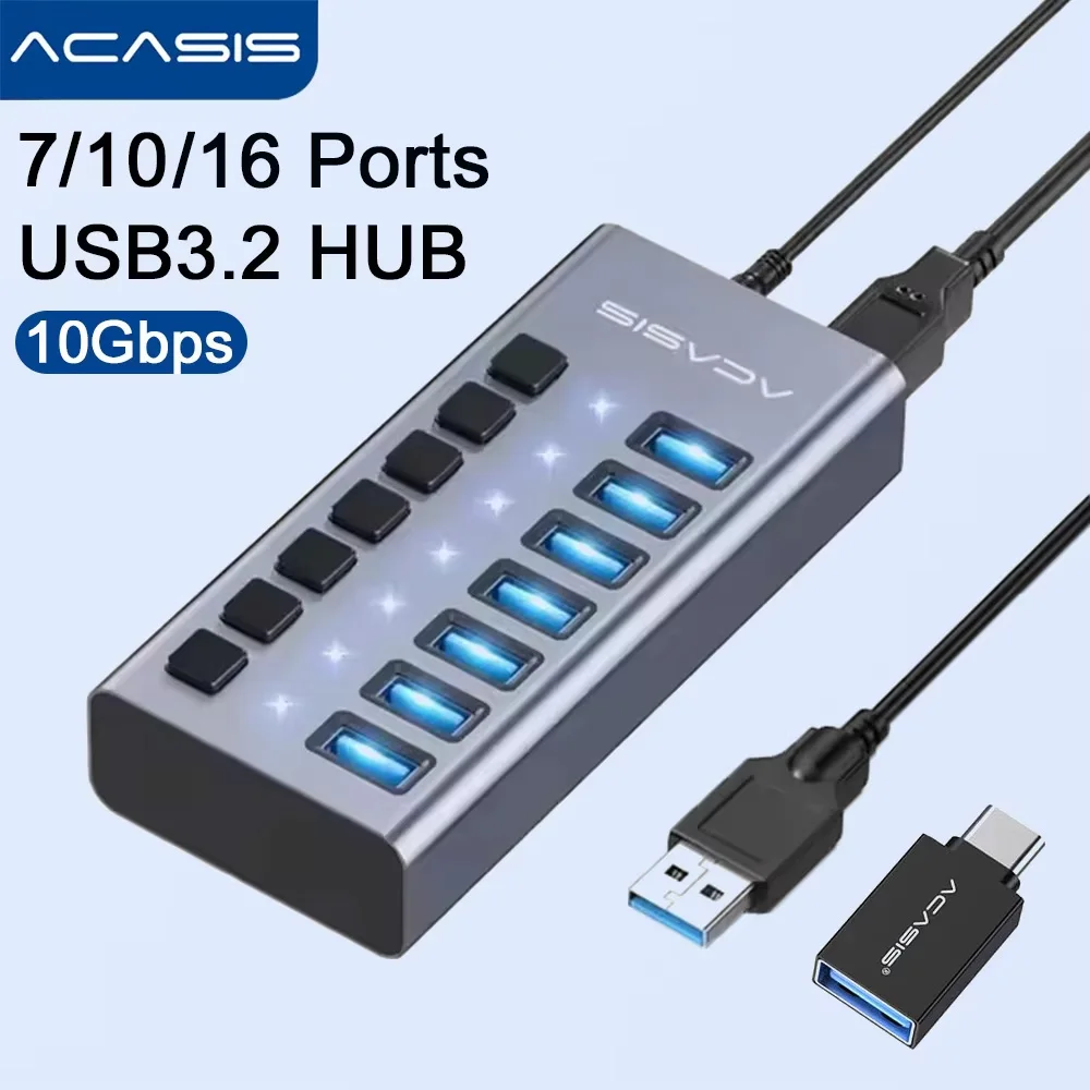 ACASIS Powered USB 3.2 HUB 10Gbps 16/10/7 Ports USB Splitter with Individual Switch Charging Data Transfer for Pc MacBook Laptop