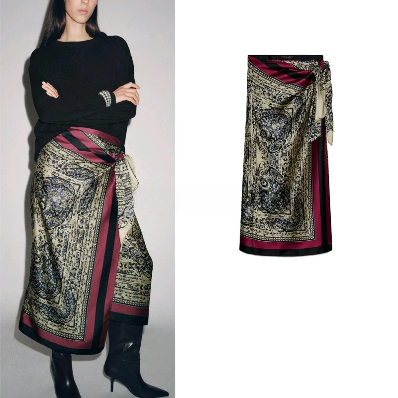 

Autumn New Women's Asymmetric Hem Pleated mid Waist Paisley Scarf Sle Skirt Casual H pe Loose Fit Polyester Fiber