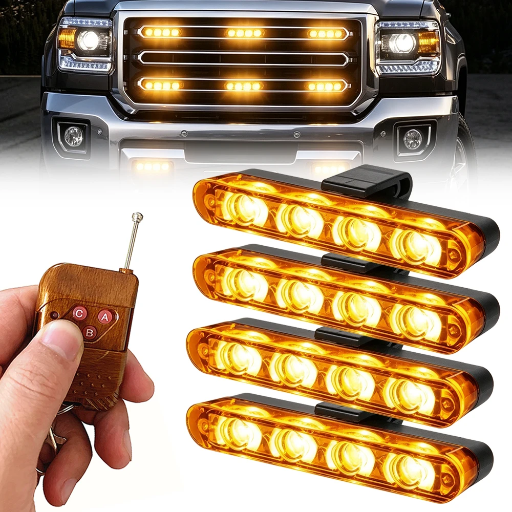 4LED Amber Car Strobe Light DIY Vehicle Grille Modification Light LED Emergency Flash Beacon Car Grid Flashing Signal Lamp 12V