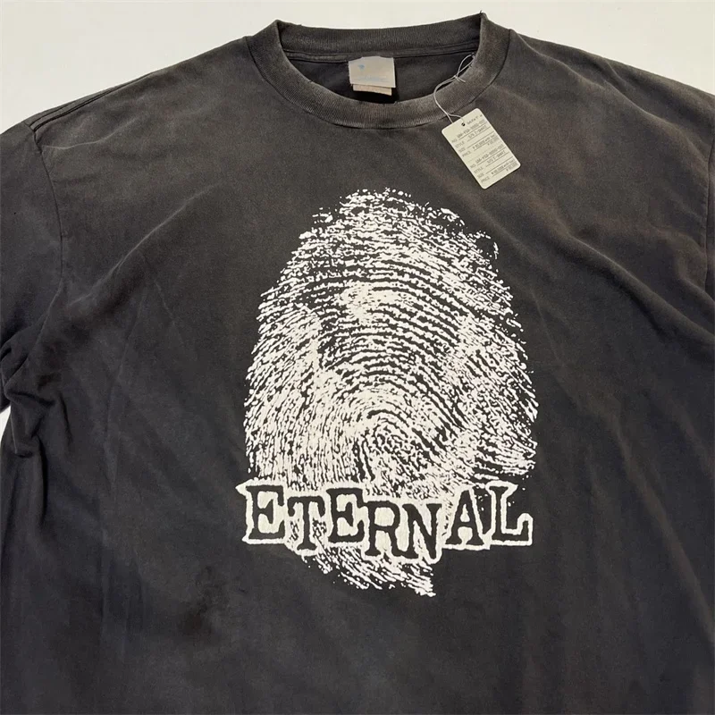 Fingerprint Printing SAINT MICHAEL Washed Black T Shirt Men Women T-shirt