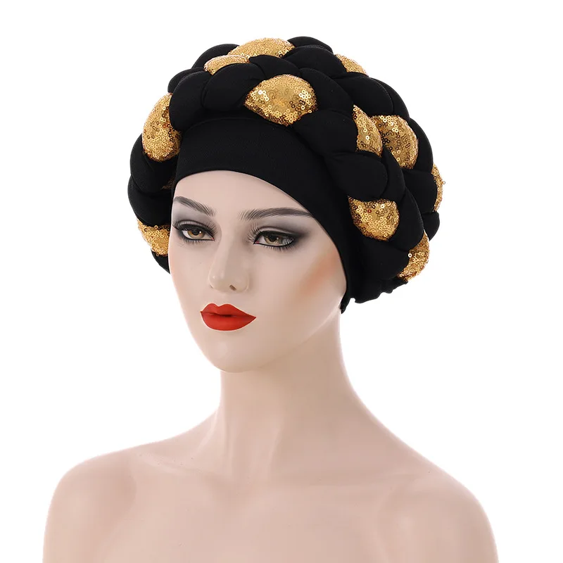 Sequins Braid Turban Cap for Women African Lady Head Wraps