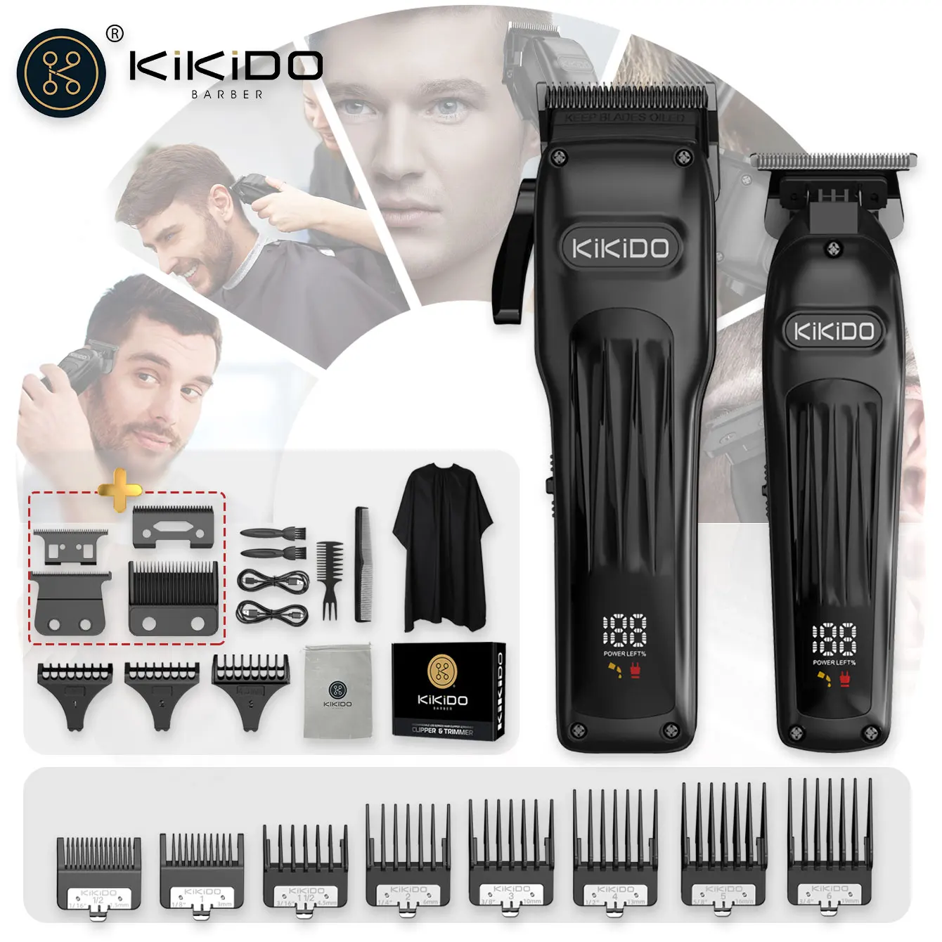 KIKIDO Professional Combo Kit Electric Hair Clipper Rechargeable Cordless Hair Trimmer for Men Barber Shop Haircut Machine