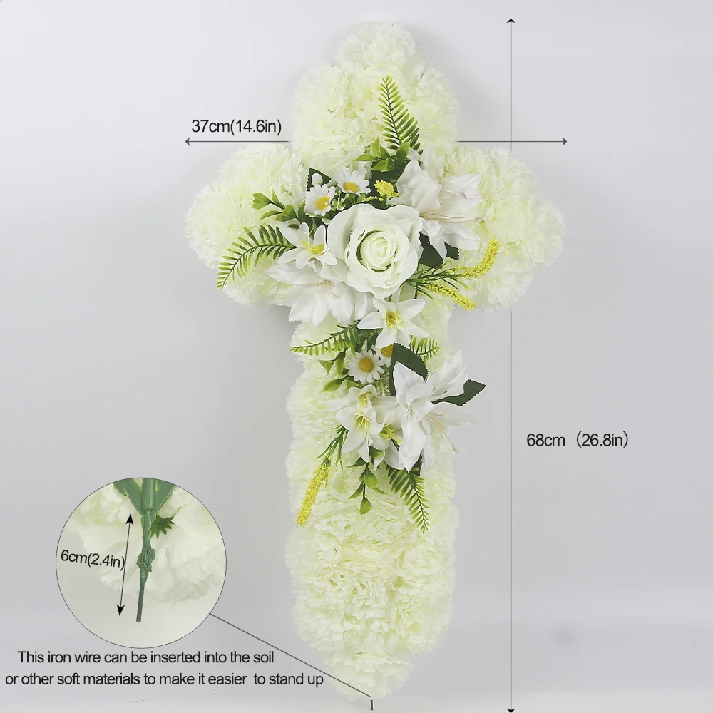 

Funeral Tribute Cross in artificial carnations with lily spray Handmade artificial funeral/memorial artificial flower tribute