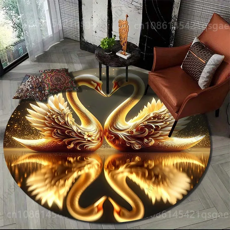Multiple sizes Two golden swans facing Print Round Carpet for Living Room Bedroom Sofa Table Floor Mat Area Rug Luxury Gift