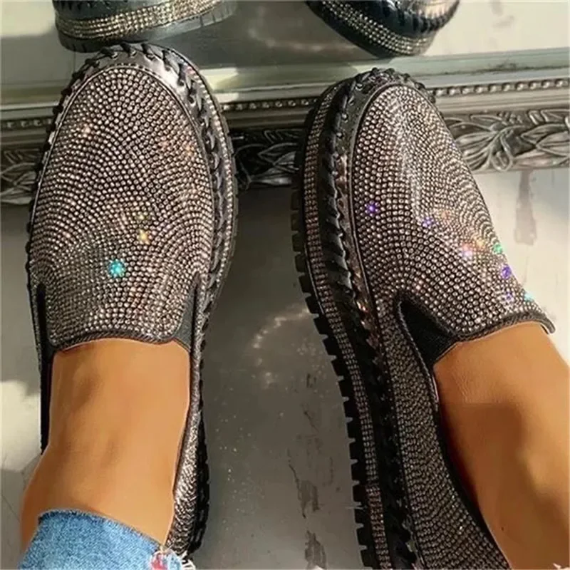 Ladies Flat Sequined Sneakers Casual Women\'s Mesh Lace-up Fine Diamond Sequins Thick-soled Comfortable  Vulcanized Shoes