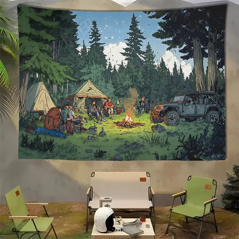 نسيج خلفية للتخييم على شاطئ الغابة من VIKAMA - ديكور خلفية صورة للنزهات الخارجية، معلق على الحائط جمالي عتيق