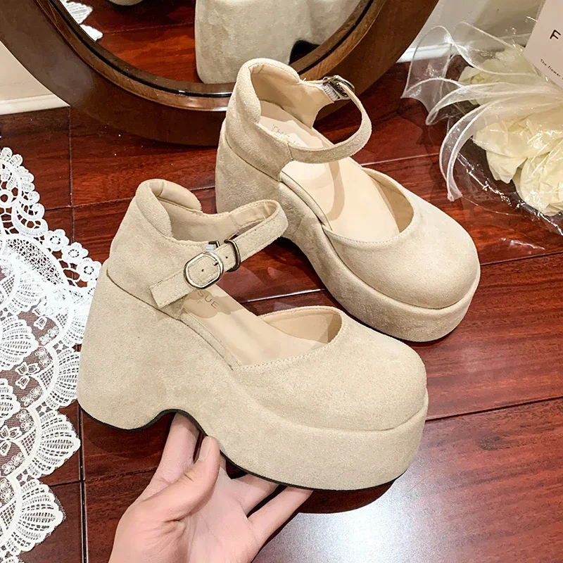 

Туфли на каблуке 11 см, женские весенне-осенние туфли на платформе с пряжкой на ремне, черные женские босоножки на танкетке на массивном высоком каблуке, Zapatos De Mujer