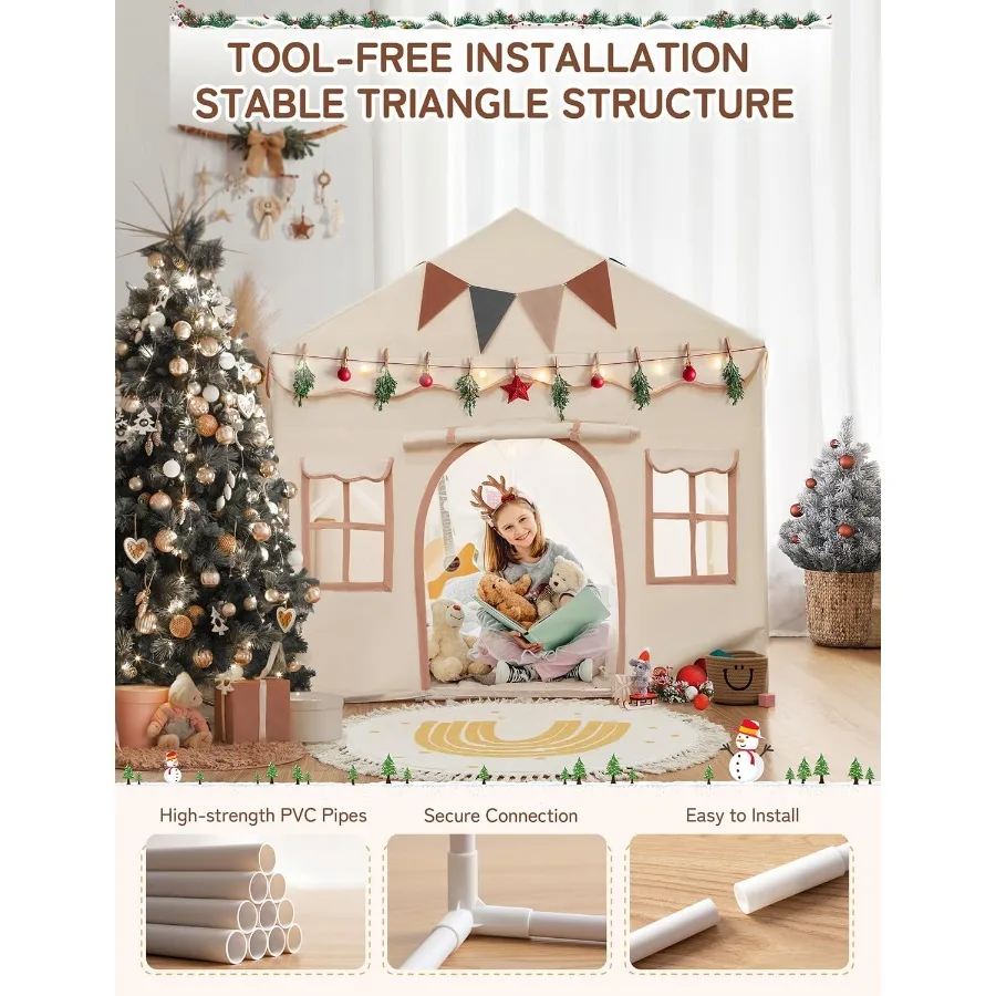 Tenda de brincar Besrey 2 em 1 com tapete acolchoado e luzes Grande casinha de brincar com 2 portas 4 janelas Tenda infantil de Natal interna e externa
