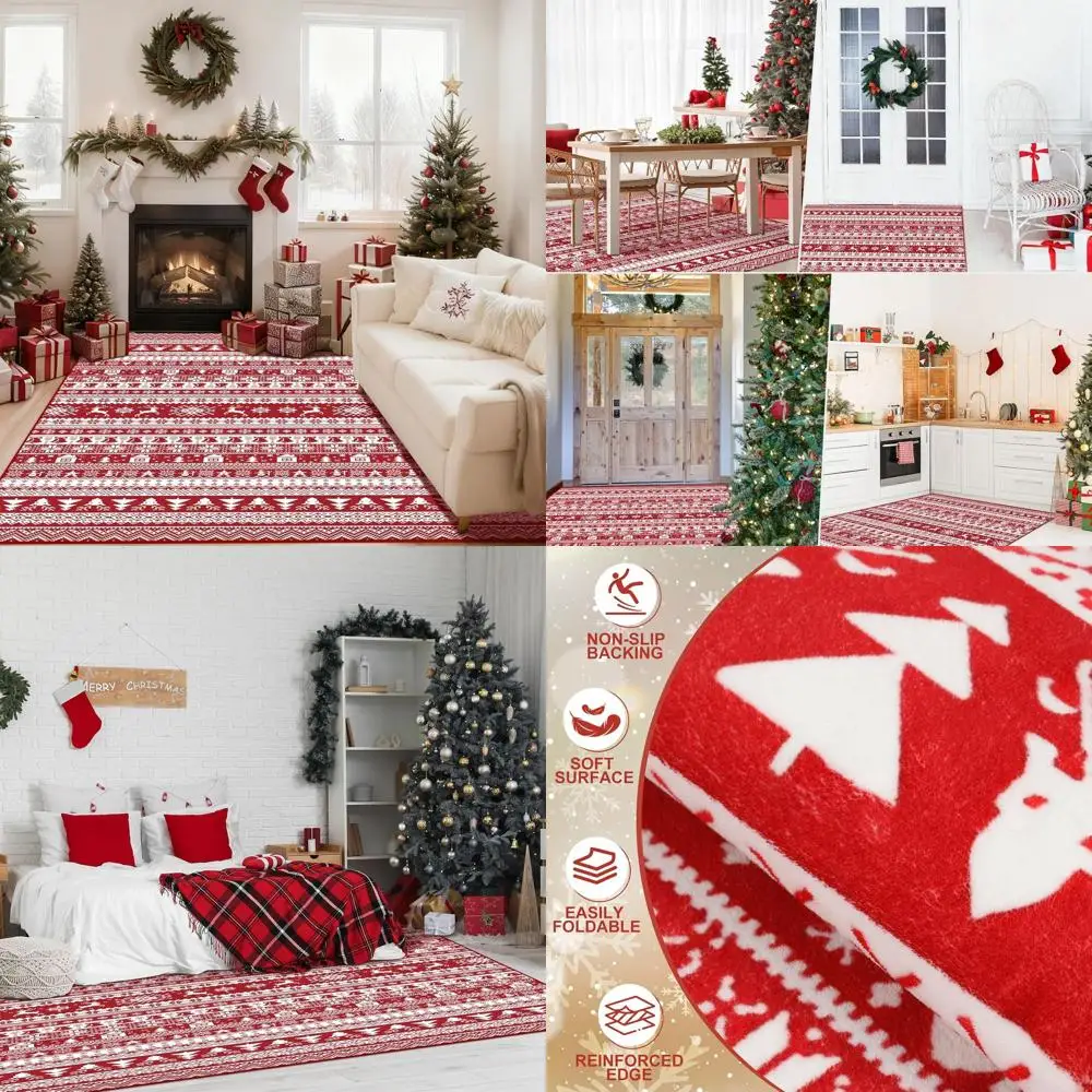 

5x7 Christmas Rug: Large Snowflake Reindeer Carpet for Holiday Decor, Washable, Non-Slip, Soft Pile