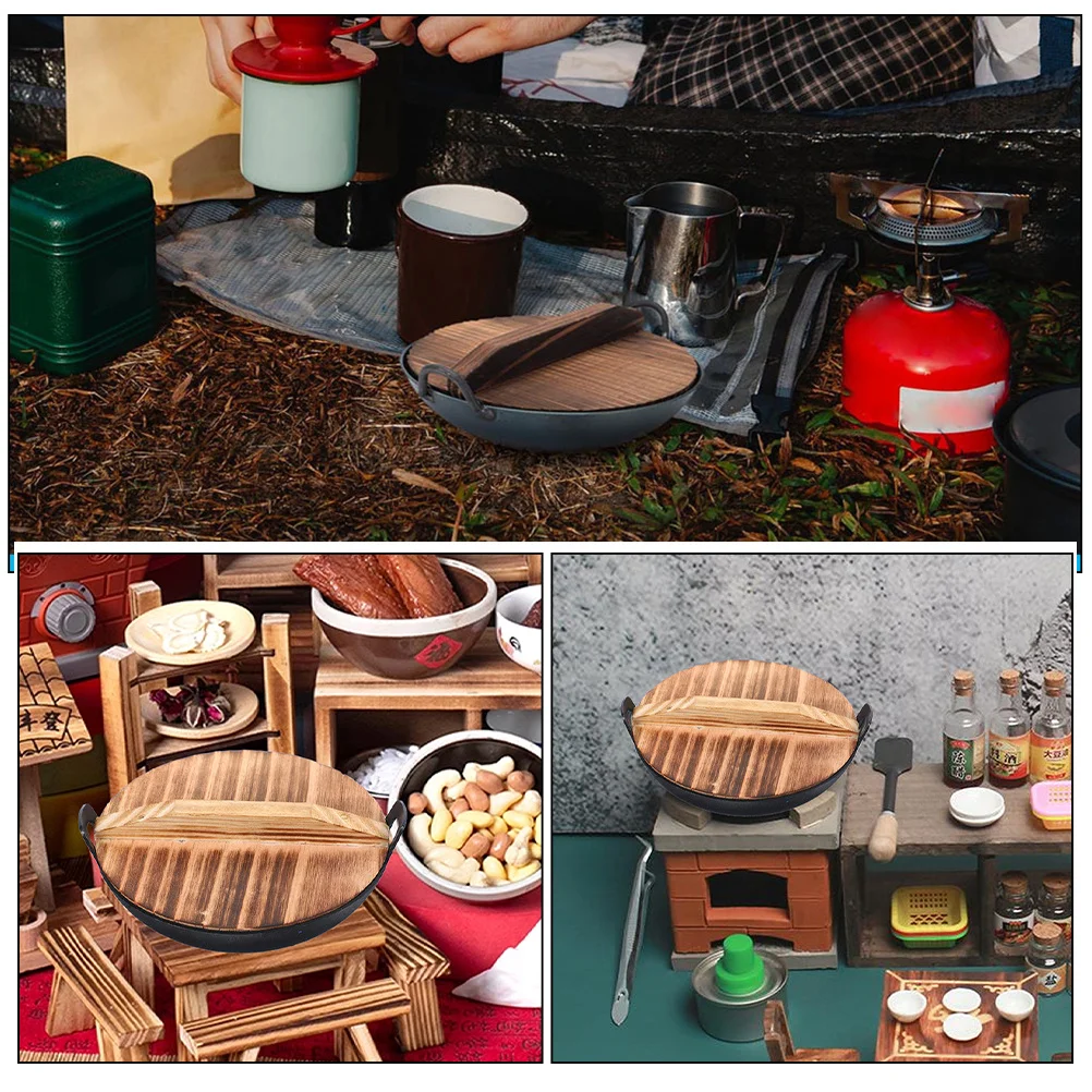 ミニ鉄製中華鍋 ダブルハンドル蓋付き ミニチュア調理鍋 ごっこ遊びキッチンアクセサリー シミュレーション調理ツール 子供用