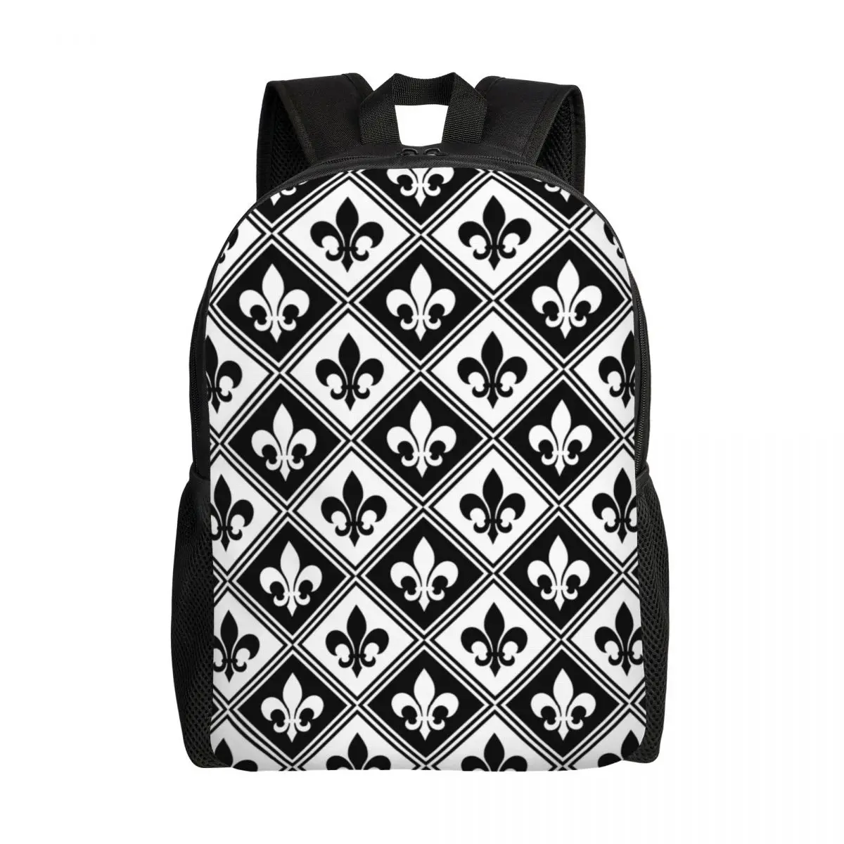 

Black Fleur De Lis And Diamond Pattern Backpack Fleur-De-Lys Lily Floral College School Travel Bags Bookbag Fits 15 Inch Laptop