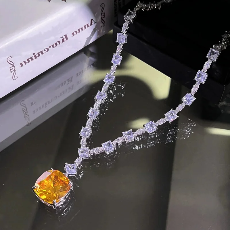 High-quality Luxurious Jewelry - Zircon and Yellow Diamonds. Wedding Accessory Necklace. Jewelry for the Bride's Wedding Dress.