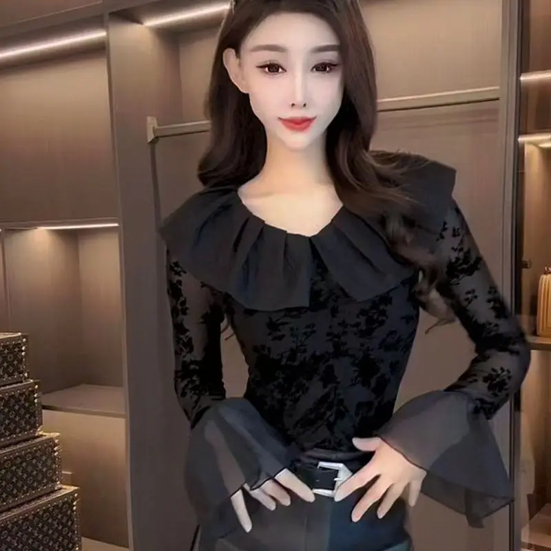 

V-neck Ruffled Trumpet Mesh Top Women's Autumn and Winter New Slightly See-through Sexy Slimming Bottoming Shirt
