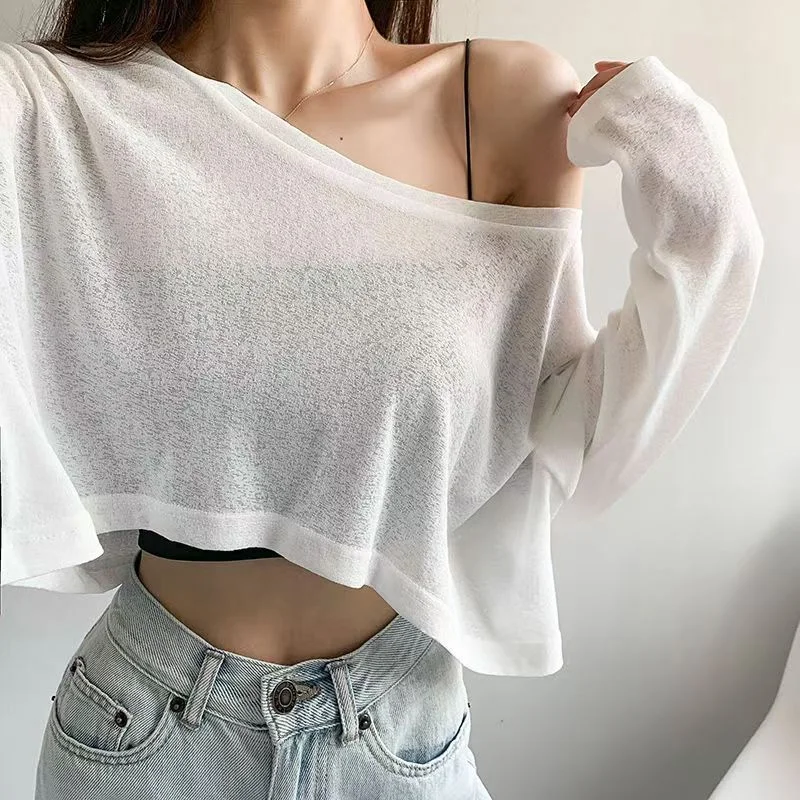 تي شيرت صيفي للسيدات للشاطئ رقيق شفاف من خلال تي شيرت كبير الحجم كوري أنيق أبيض قصير قمصان عالية الشارع غير رسمية بأكمام طويلة #5