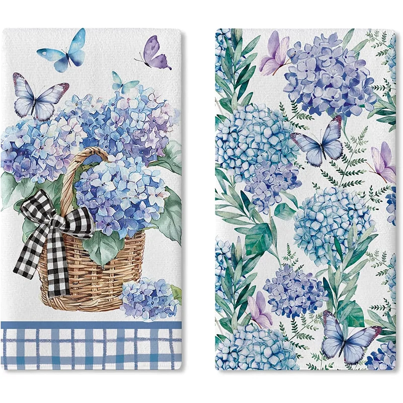 2er-Pack Hortensien-Blau-Lila Blumenkorb-Reinigungstücher, Scheuerschwamm, Geschirrtuch, Küchentuch, Tischmatte, zum Waschen und Trocknen von Haushaltsgegenständen, weiches, saugfähiges Trockentuch,