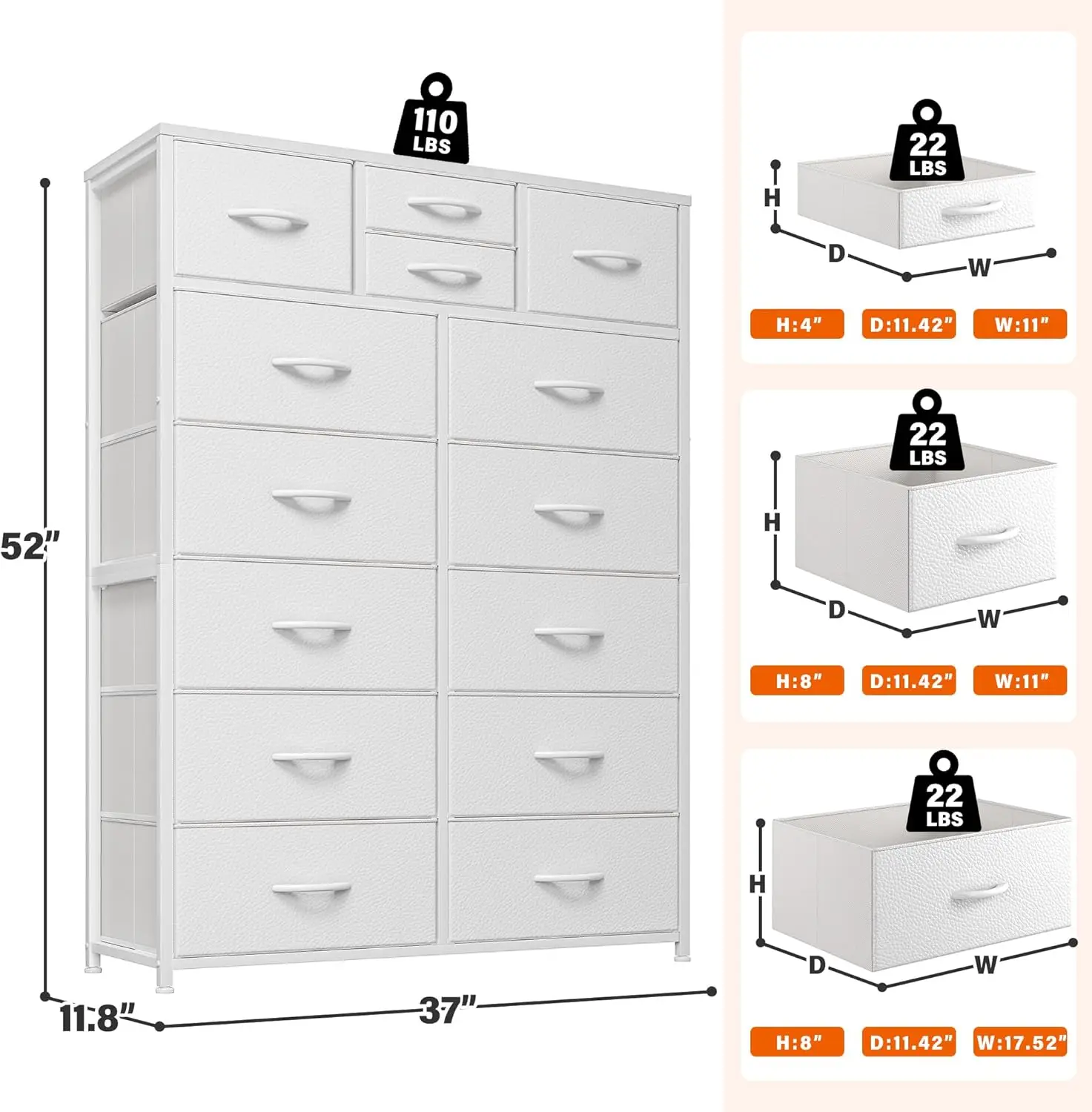 Dresser for Girls Bedroom with 14 Fabric Drawers,  11.8" D x 37" W x 52" H