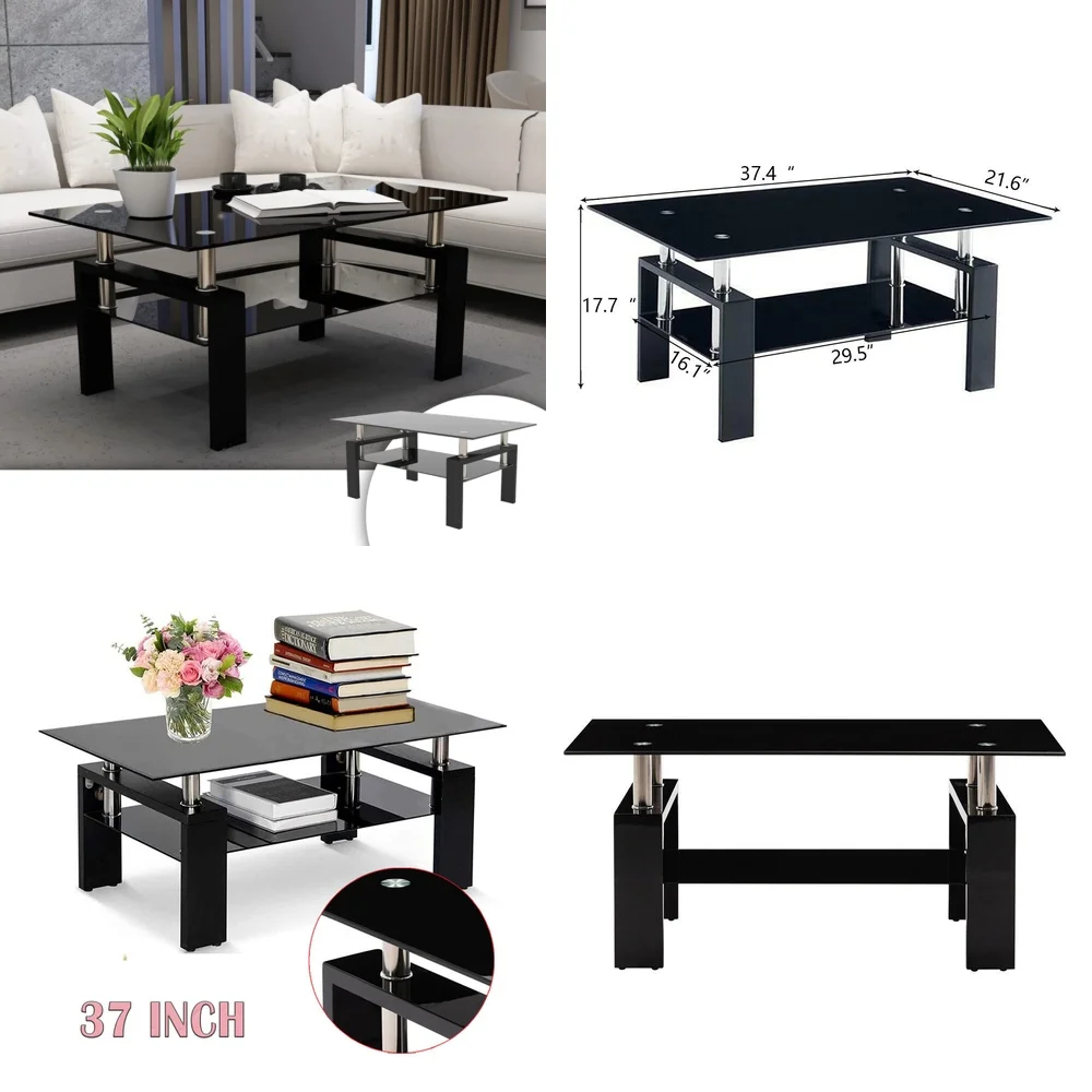 طاولات المقهى الحديثة مقاس 37 بوصة طاولة قهوة مستطيلة الشكل مع رف لأثاث غرفة المعيشة والمنزل #1