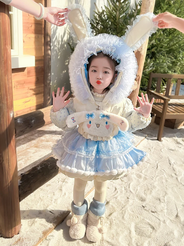 Thiened down Jaet Casaco de inverno infantil para meninas Meileti GINGER DOG branco Du pena casaco quente comprimento médio com capuz