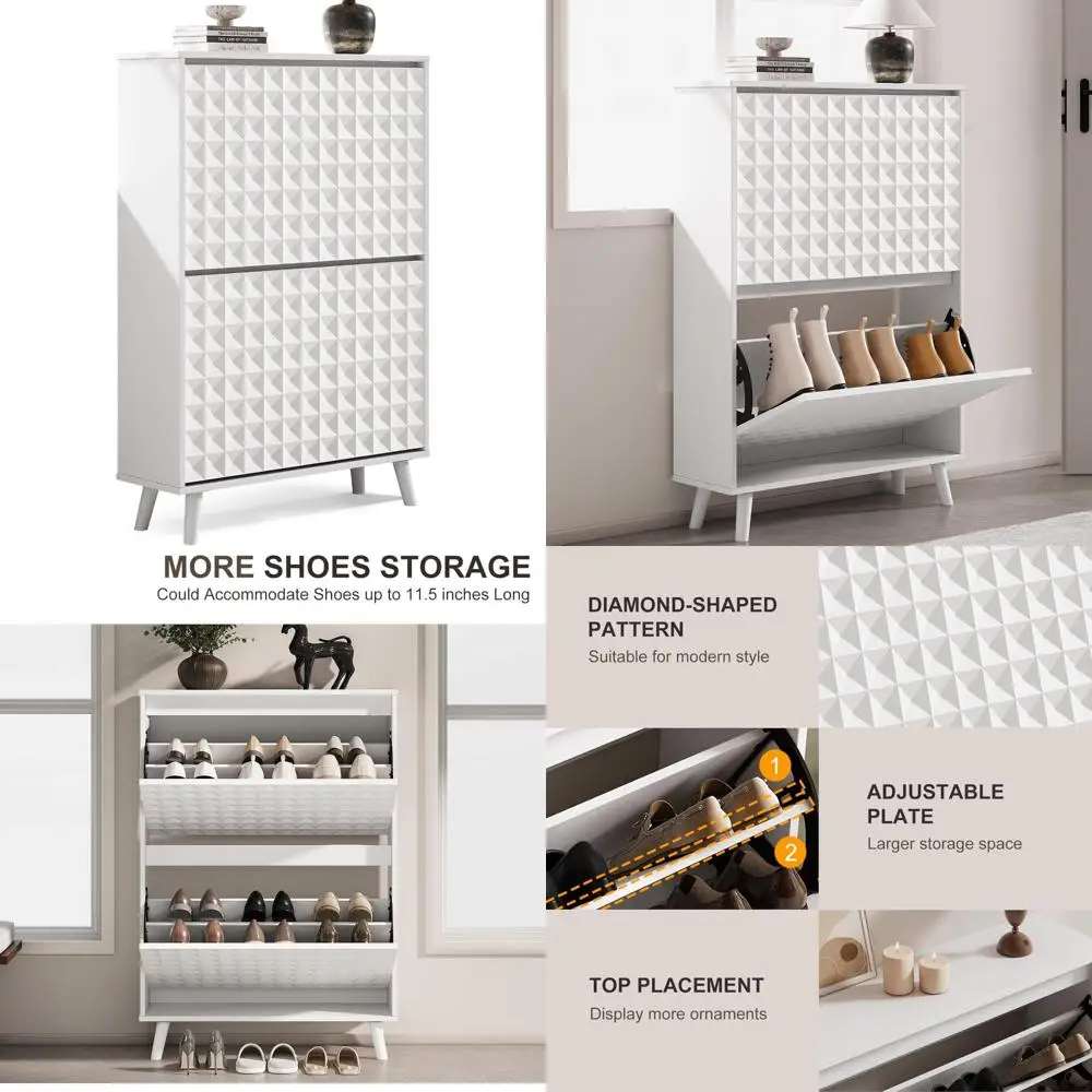Diamond Pattern Shoe Rack with Flip Drawers Organizer, Storage Cabinet for Shoes, Free Standing Shoe Storage Solution