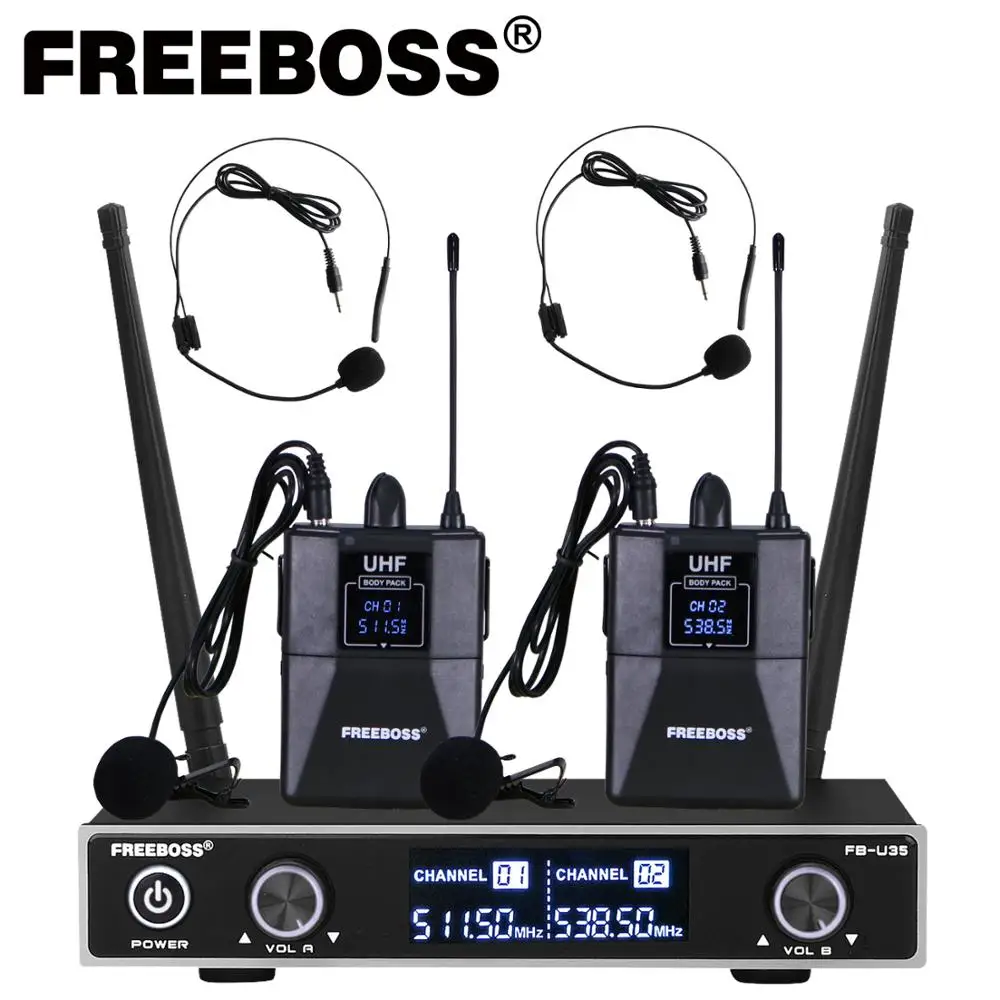 FREEBOSS 2 Bodypack Wireless Transmitter Microphone Dual Way UHF Fixed Frequency Lavalier Headset Speech Mic System FB-U35H2