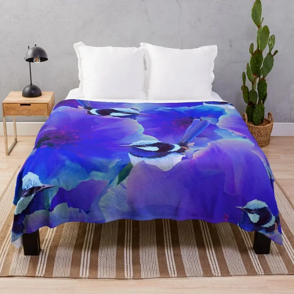 

Bluetiful - Spot the Wren - Blossom Floral & Blue Wren Behind Black Throw Blanket Easy Care Comfortable Blanket for Couch