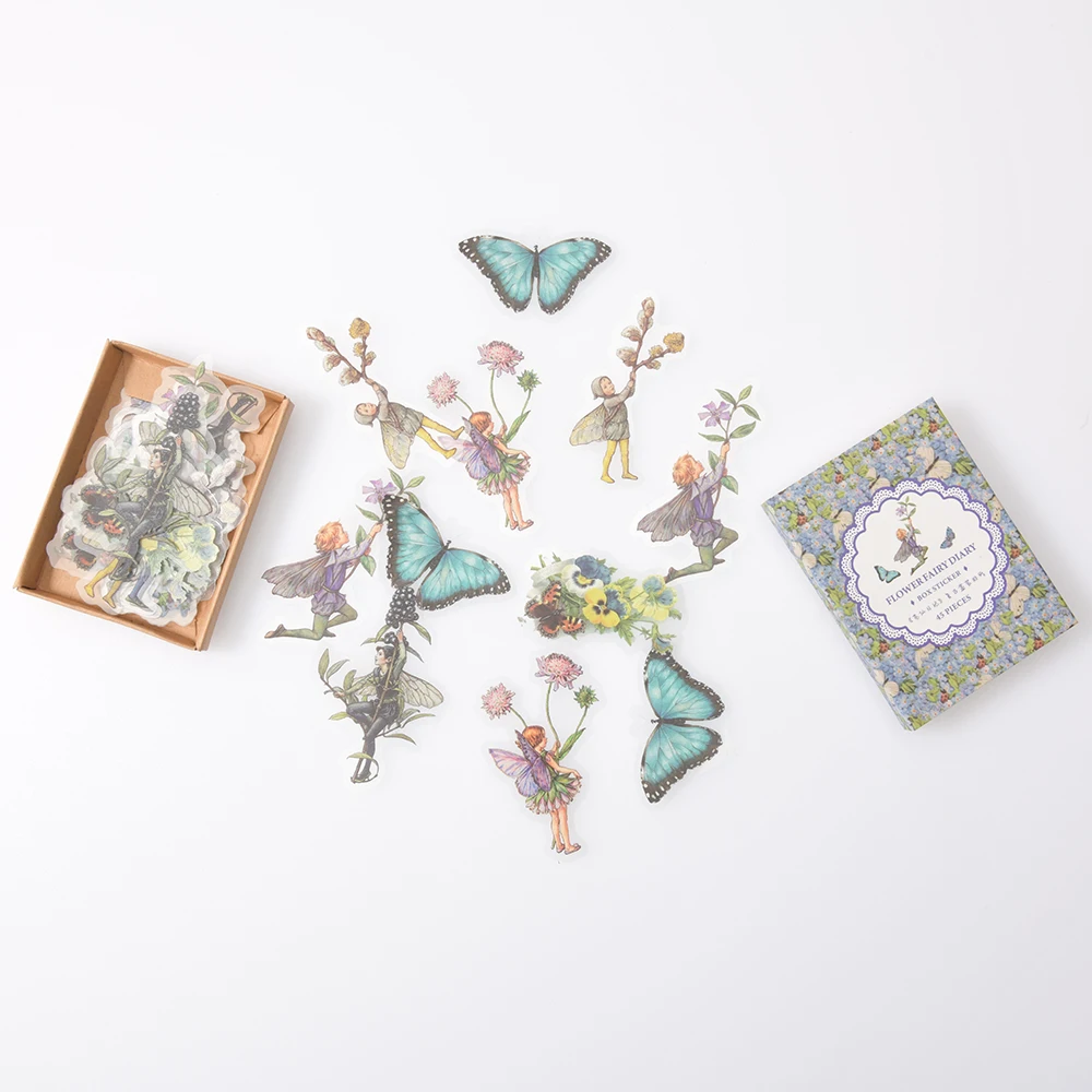 45Pcs/Box Waterproof PET Fairy Butterfly Stickers Vintage Flower for Scrapbooking  Kawaii Decals