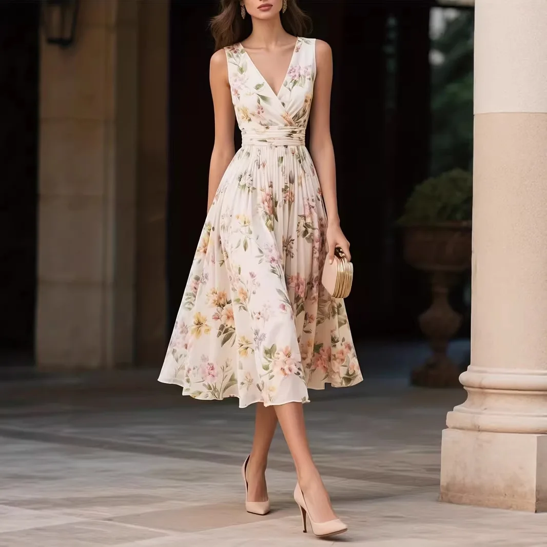 Hochtailliertes Kleid mit Blumenmuster, sexy V-Ausschnitt, ärmellos, schmal geschnitten, langes Kleid, Sommer, elegant, Strandkleid, Urlaubskleid für Damen