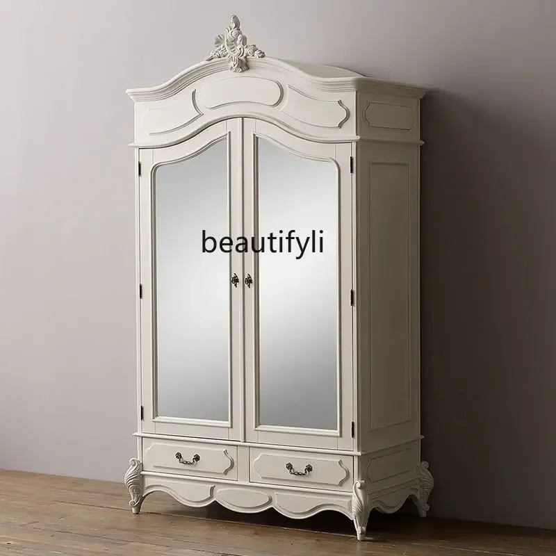 

yj21 French Solid Wood Wardrobe Home Bedroom Double Door Drawer Wardrobe American White Small Storage Cabinet