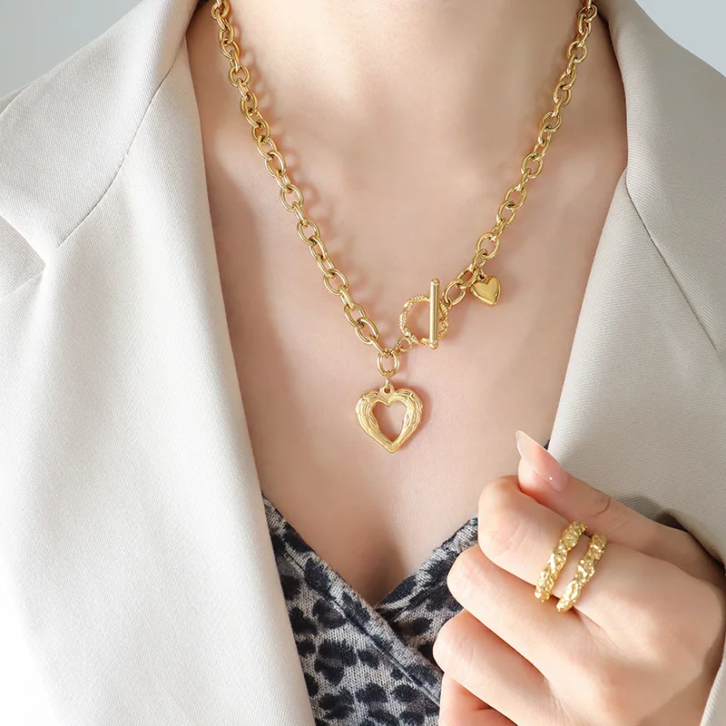 Fashion Heart Stainless Steel Women Pendant Necklaces Luxury Design OT Buckle Exaggerated Thick Chain Necklace Jewelry